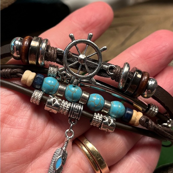 2305-PCM Turquoise, Silver, & Wooden Beads, Pendants Leather 4 Layer Bracelet - Picture 8 of 12